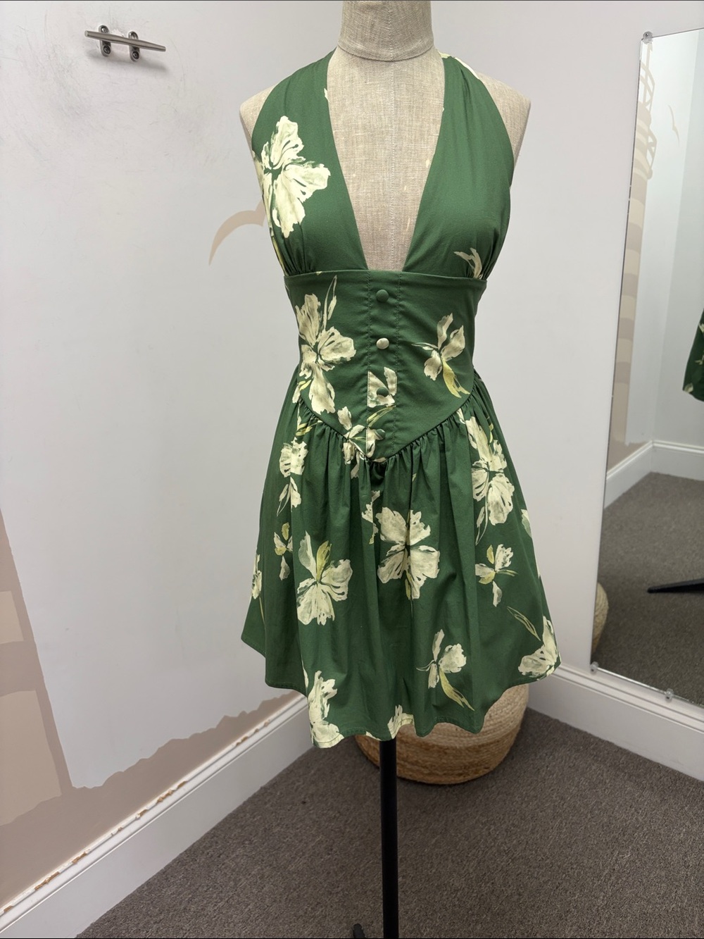 Especia cotton Green Floral Halter Mini Dress